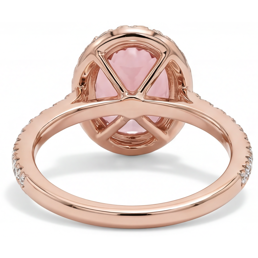 Vintage Padparadscha Sapphire Ring 2.8 Carat Real Oval Halo Pave 14K Rose Gold
