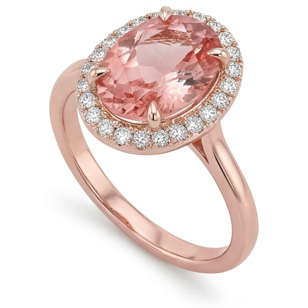 Peach Sapphire Ring 2.8 Carat Natural Oval Padparadscha Halo Plain 14K Rose Gold