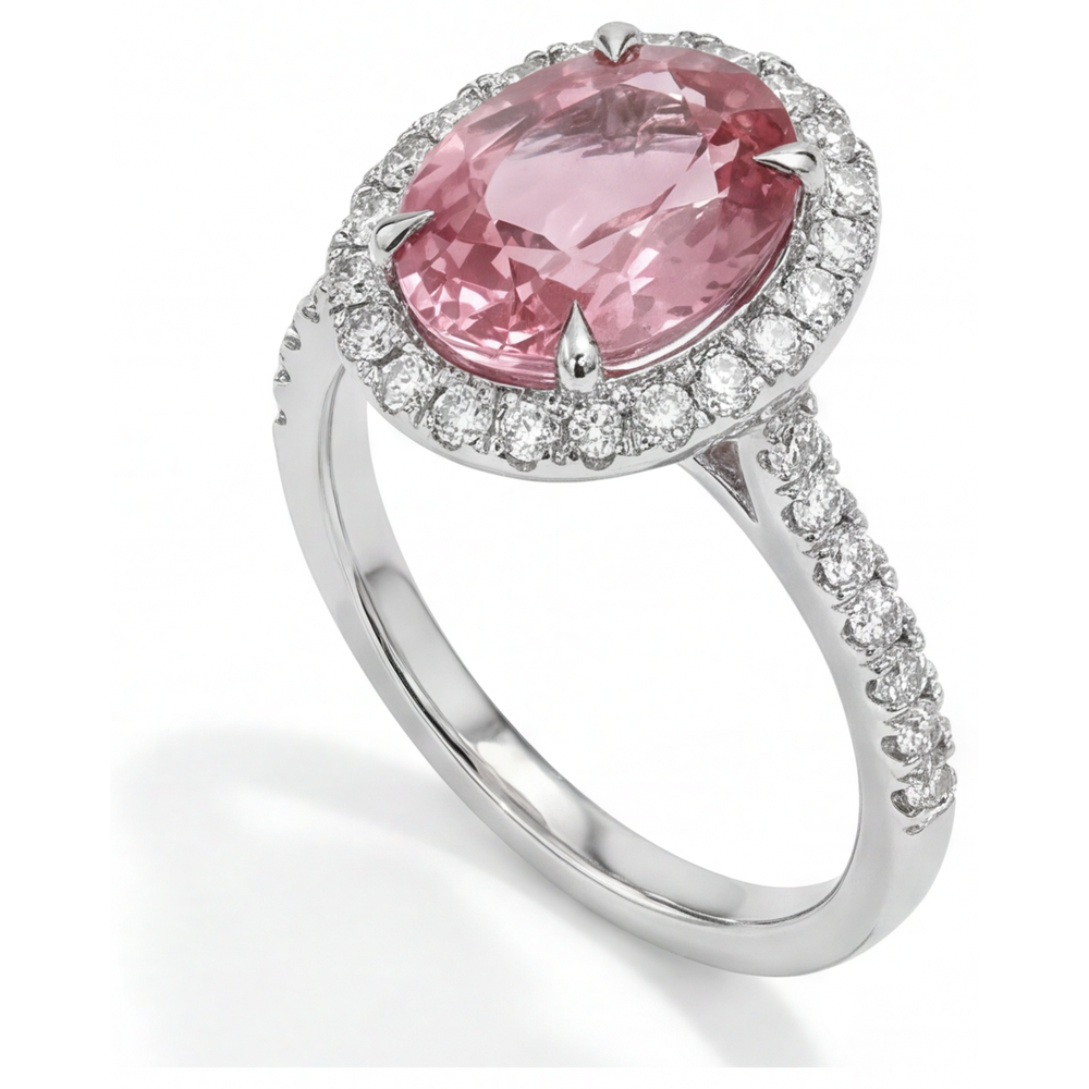 Peach Sapphire Engagement Ring 2.8 Carat Natural Oval Padparadscha Halo 14K White Gold