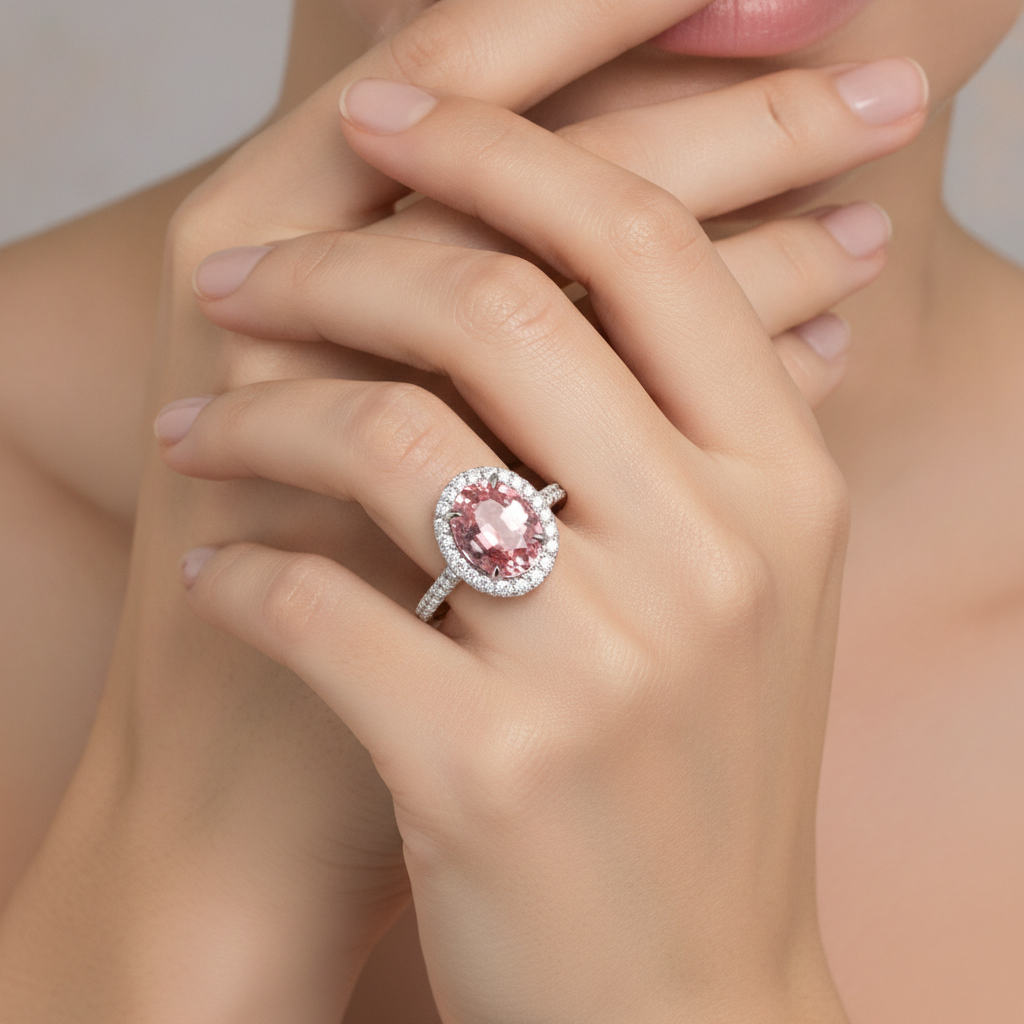Peach Sapphire Engagement Ring 2.8 Carat Natural Oval Padparadscha Halo 14K White Gold