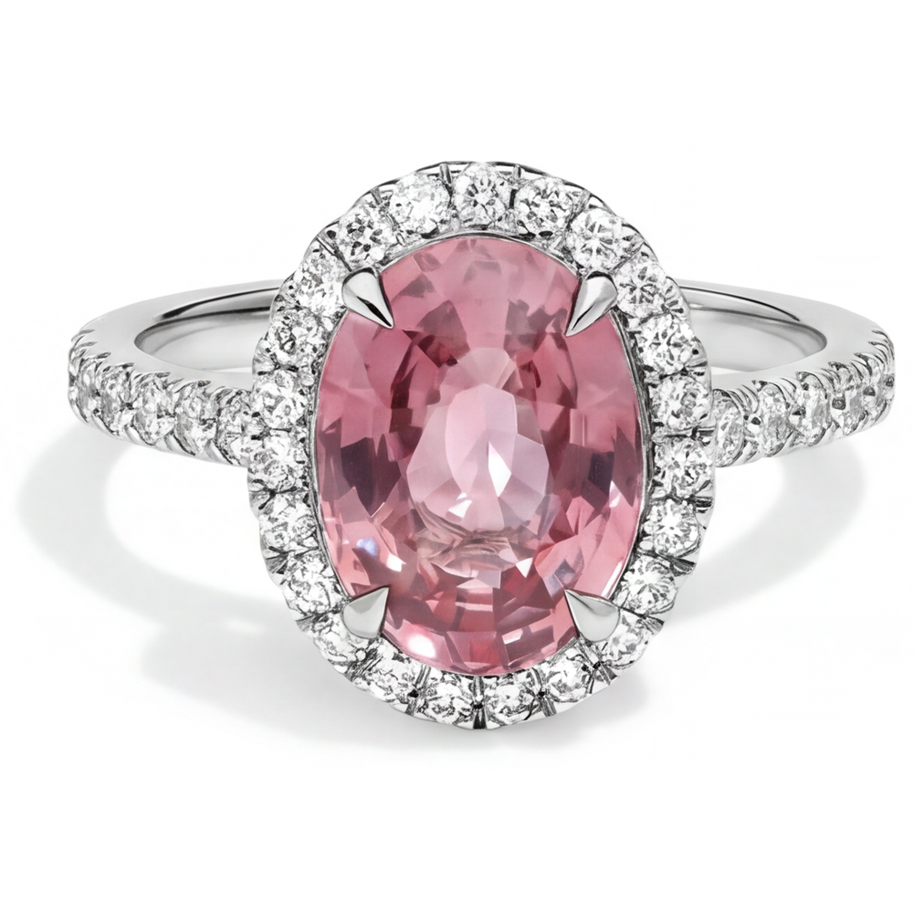 Peach Sapphire Engagement Ring 2.8 Carat Natural Oval Padparadscha Halo 14K White Gold