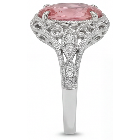 Natural Padparadscha Sapphire Ring 3.3 Carat Oval Pave 14K White Gold
