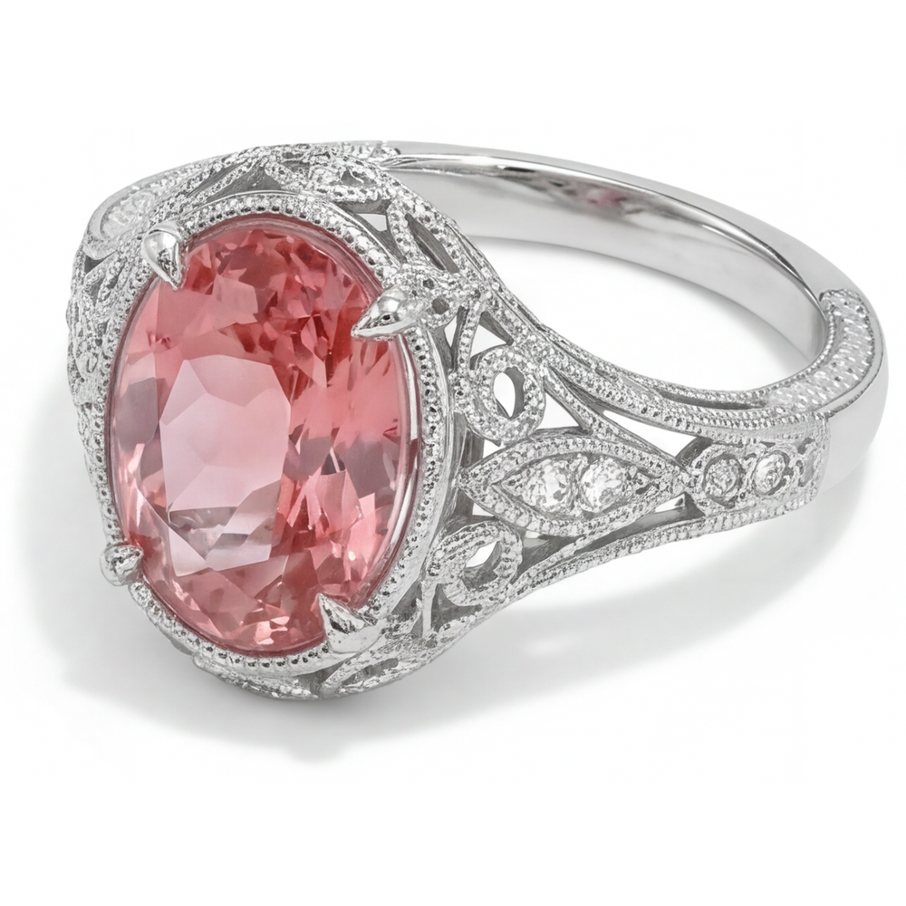 Natural Padparadscha Sapphire Ring 3.3 Carat Oval Pave 14K White Gold