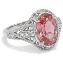 Natural Padparadscha Sapphire Ring 3.3 Carat Oval Pave 14K White Gold
