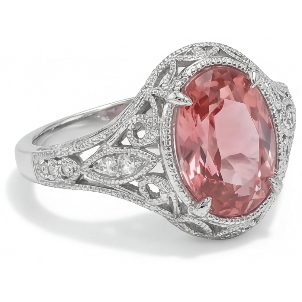 Natural Padparadscha Sapphire Ring 3.3 Carat Oval Pave 14K White Gold