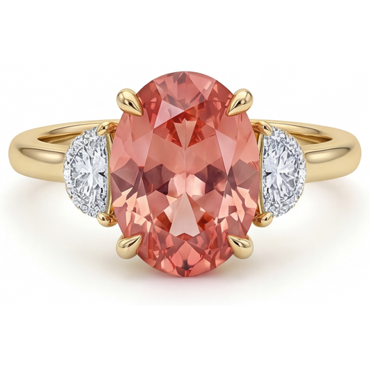 Peach Sapphire 2.9 Carat Real Oval Padparadscha and White Half Moon Three Stone Ring 14K Yellow Gold