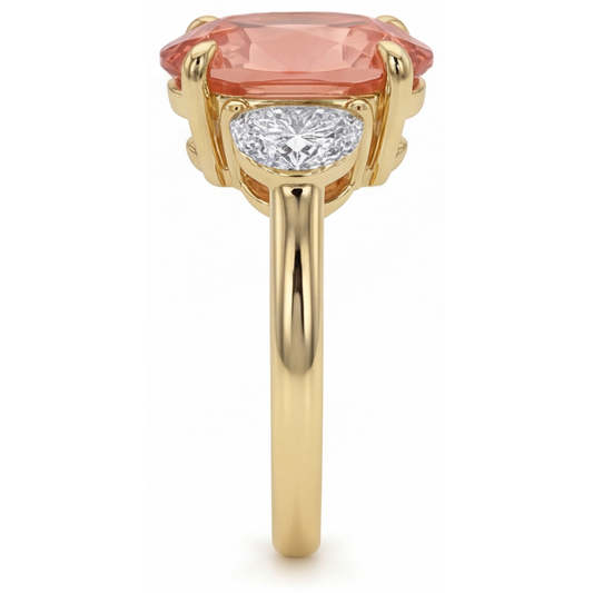 Peach Sapphire 2.9 Carat Real Oval Padparadscha and White Half Moon Three Stone Ring 14K Yellow Gold
