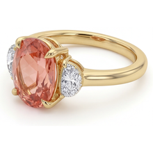 Peach Sapphire 2.9 Carat Real Oval Padparadscha and White Half Moon Three Stone Ring 14K Yellow Gold