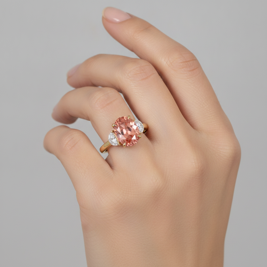 Peach Sapphire 2.9 Carat Real Oval Padparadscha and White Half Moon Three Stone Ring 14K Yellow Gold