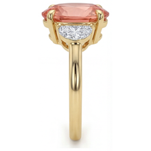 Peach Sapphire Engagement Ring 2.9 Carat Real Oval Padparadscha and White Half Moon Three Stone 14K Yellow Gold
