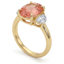 Peach Sapphire Engagement Ring 2.9 Carat Real Oval Padparadscha and White Half Moon Three Stone 14K Yellow Gold