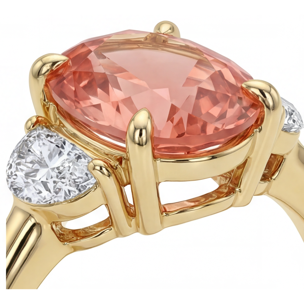 Peach Sapphire Engagement Ring 2.9 Carat Real Oval Padparadscha and White Half Moon Three Stone 14K Yellow Gold