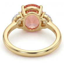 Peach Sapphire Engagement Ring 2.9 Carat Real Oval Padparadscha and White Half Moon Three Stone 14K Yellow Gold