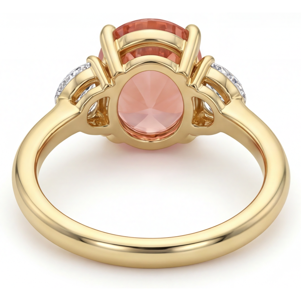 Peach Sapphire Engagement Ring 2.9 Carat Real Oval Padparadscha and White Half Moon Three Stone 14K Yellow Gold