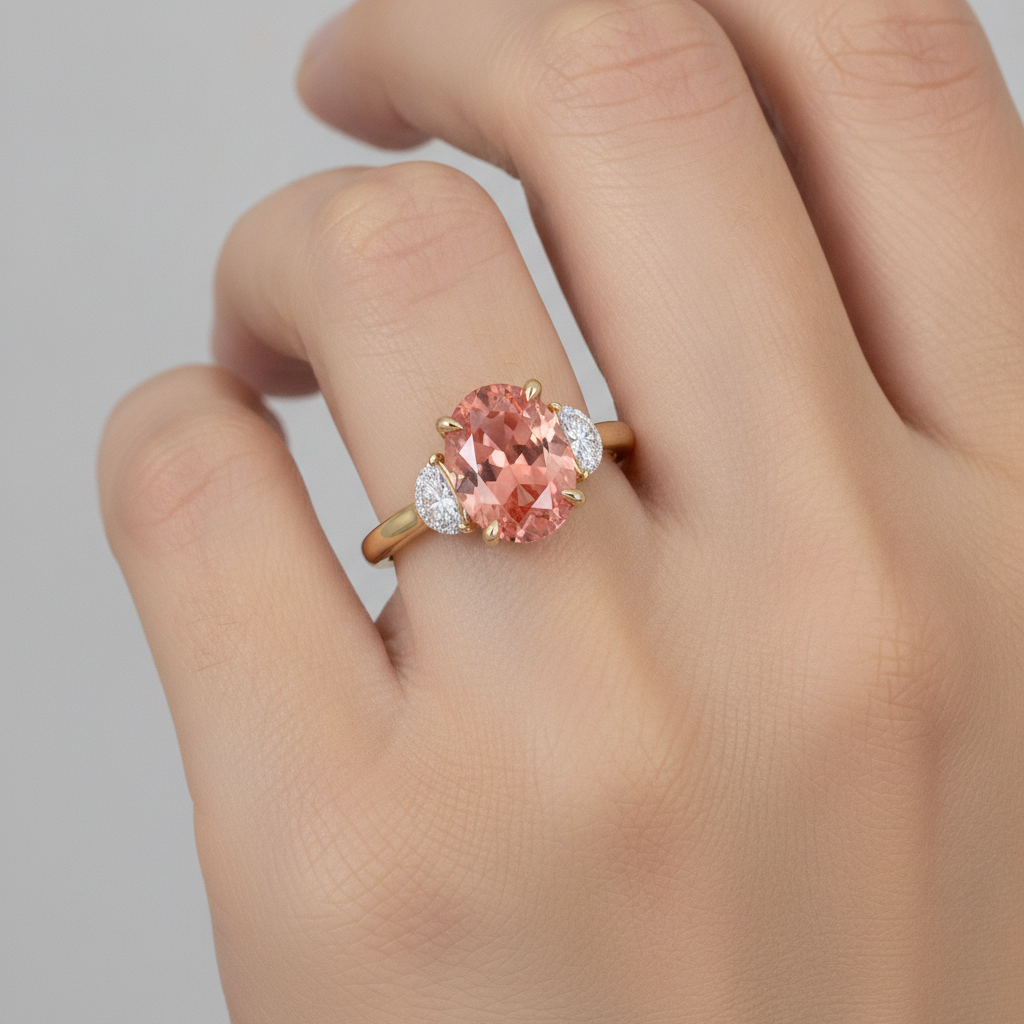 Peach Sapphire Engagement Ring 2.9 Carat Real Oval Padparadscha and White Half Moon Three Stone 14K Yellow Gold
