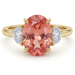 Peach Sapphire Engagement Ring 2.9 Carat Real Oval Padparadscha and White Half Moon Three Stone 14K Yellow Gold