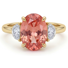 Peach Sapphire Engagement Ring 2.9 Carat Real Oval Padparadscha and White Half Moon Three Stone 14K Yellow Gold