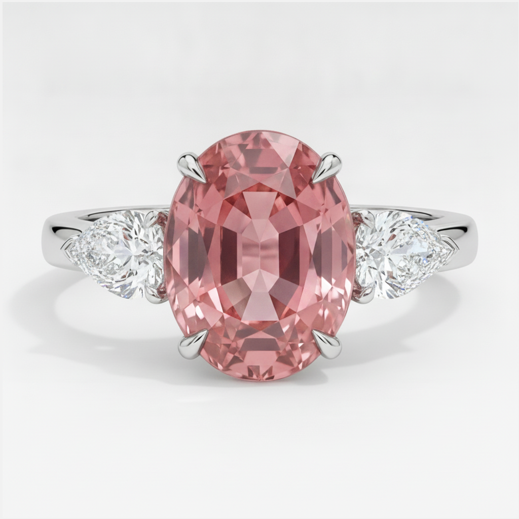 Peach Sapphire Engagement Ring 4.1 Carat Real Oval Padparadscha Three Stone Platinum