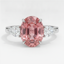 Peach Sapphire Engagement Ring 4.1 Carat Real Oval Padparadscha Three Stone Platinum