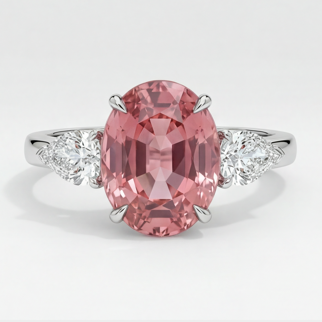 Peach Sapphire Engagement Ring 4.1 Carat Real Oval Padparadscha Three Stone Platinum