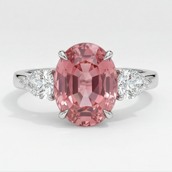 Peach Sapphire Engagement Ring 4.1 Carat Real Oval Padparadscha Three Stone Platinum
