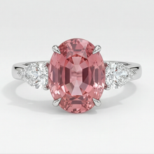 Peach Sapphire Engagement Ring 4.1 Carat Real Oval Padparadscha Three Stone Platinum