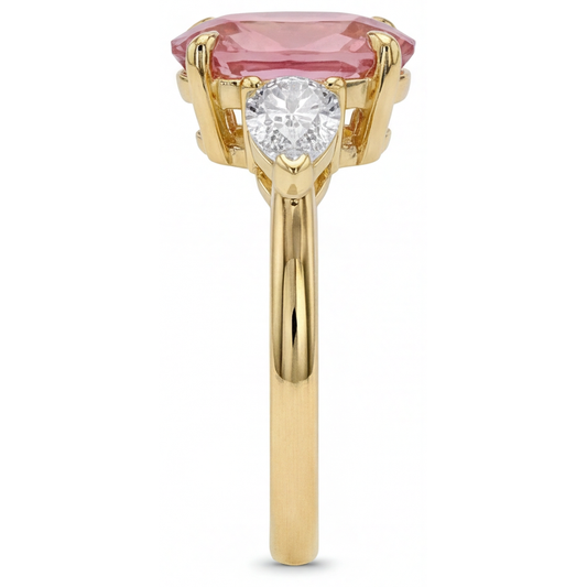 Peach Sapphire 2.9 Carat Real Oval Padparadscha Three Stone Ring 14K Yellow Gold