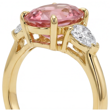 Peach Sapphire 2.9 Carat Real Oval Padparadscha Three Stone Ring 14K Yellow Gold