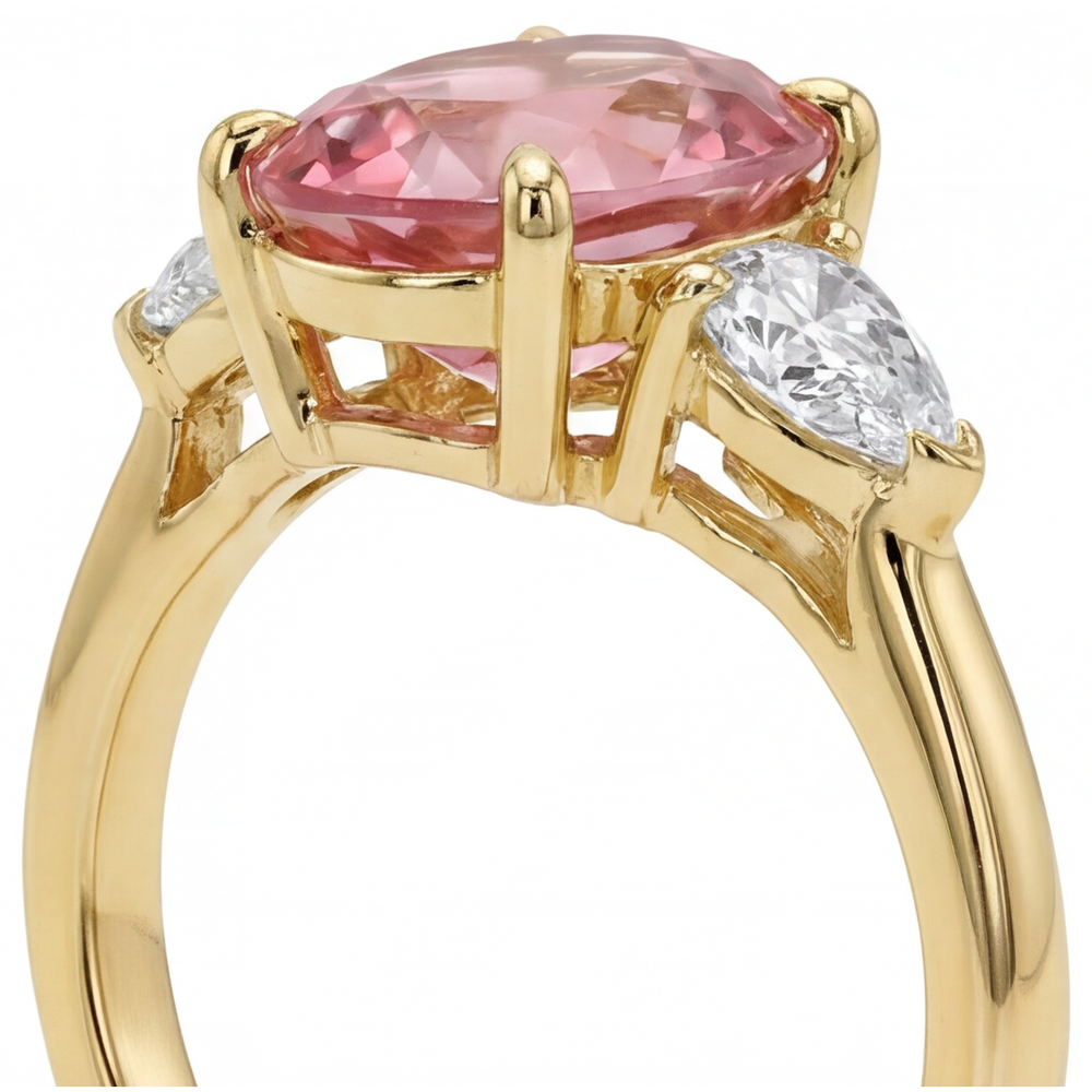 Peach Sapphire 2.9 Carat Real Oval Padparadscha Three Stone Ring 14K Yellow Gold