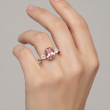 Peach Sapphire 2.9 Carat Real Oval Padparadscha Three Stone Ring 14K Yellow Gold