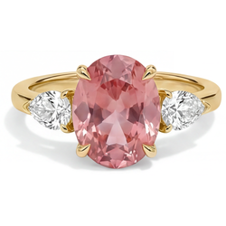 Peach Sapphire 2.9 Carat Real Oval Padparadscha Three Stone Ring 14K Yellow Gold