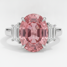 Padparadscha Sapphire Ring 3.6 Carat Real Oval and White Trapezoid Three Stone Platinum