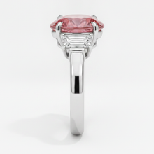 Padparadscha Sapphire Ring 3.6 Carat Real Oval and White Trapezoid Three Stone Platinum
