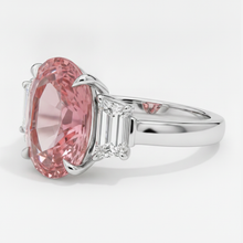 Padparadscha Sapphire Ring 3.6 Carat Real Oval and White Trapezoid Three Stone Platinum
