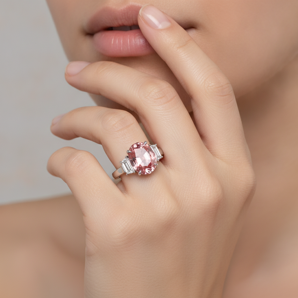 Padparadscha Sapphire Ring 3.6 Carat Real Oval and White Trapezoid Three Stone Platinum
