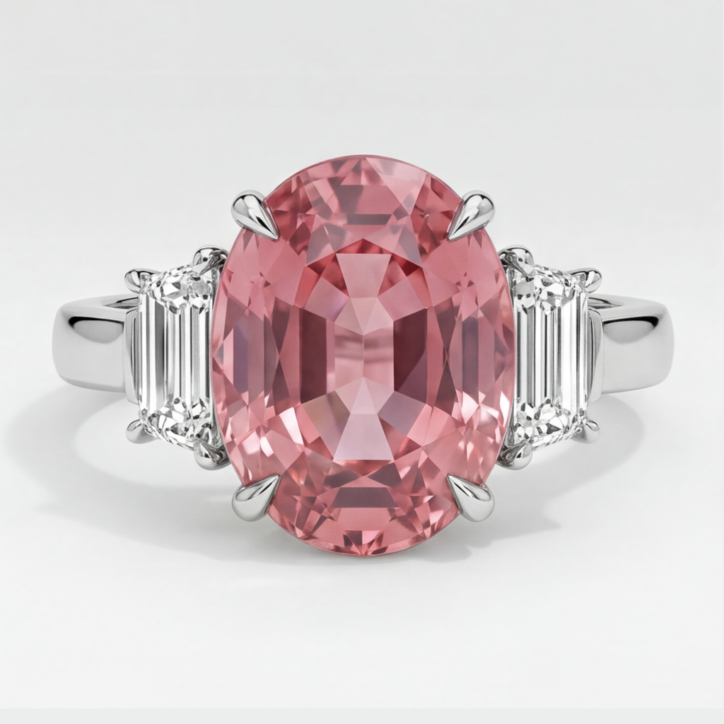 Padparadscha Sapphire Ring 3.6 Carat Real Oval and White Trapezoid Three Stone Platinum
