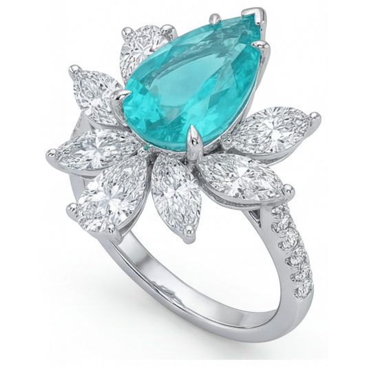 Pear Cut Paraiba Tourmaline ring in 14 Karat White Gold – side view