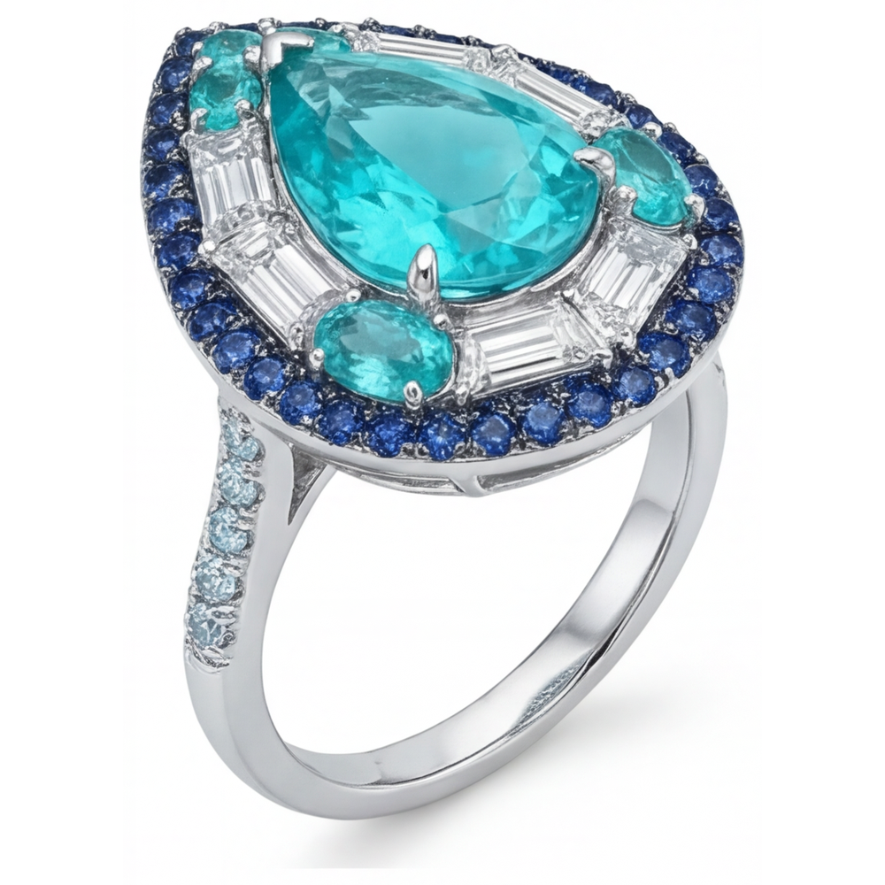 Pear Cut Paraiba Tourmaline ring in 14K White Gold – side view