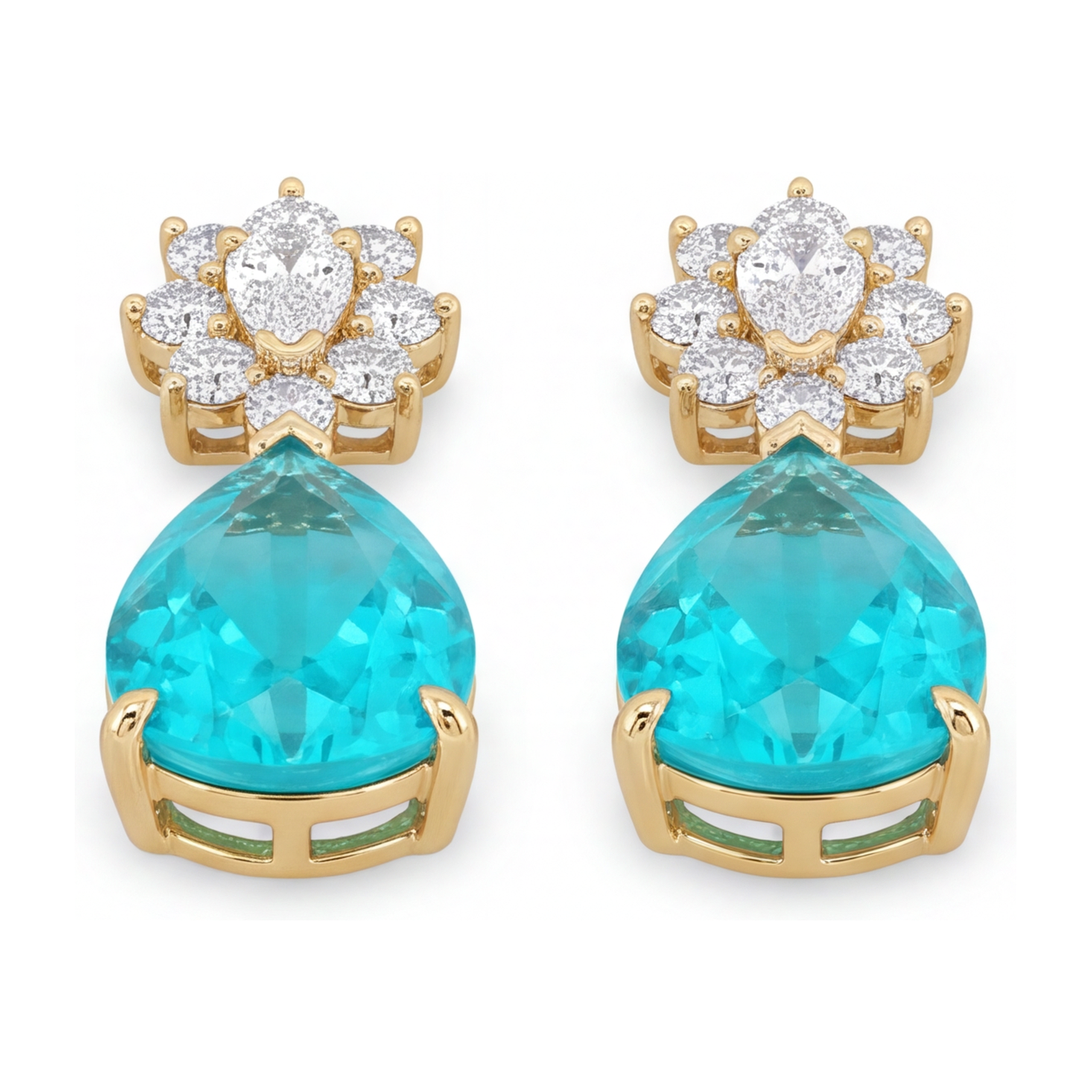 Paraiba Tourmaline Earrings 5 Carat Lab Grown Pear Cluster Leverback 14K Yellow Gold