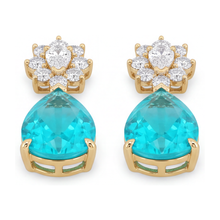 Paraiba Tourmaline Earrings 5 Carat Lab Grown Pear Cluster Leverback 14K Yellow Gold