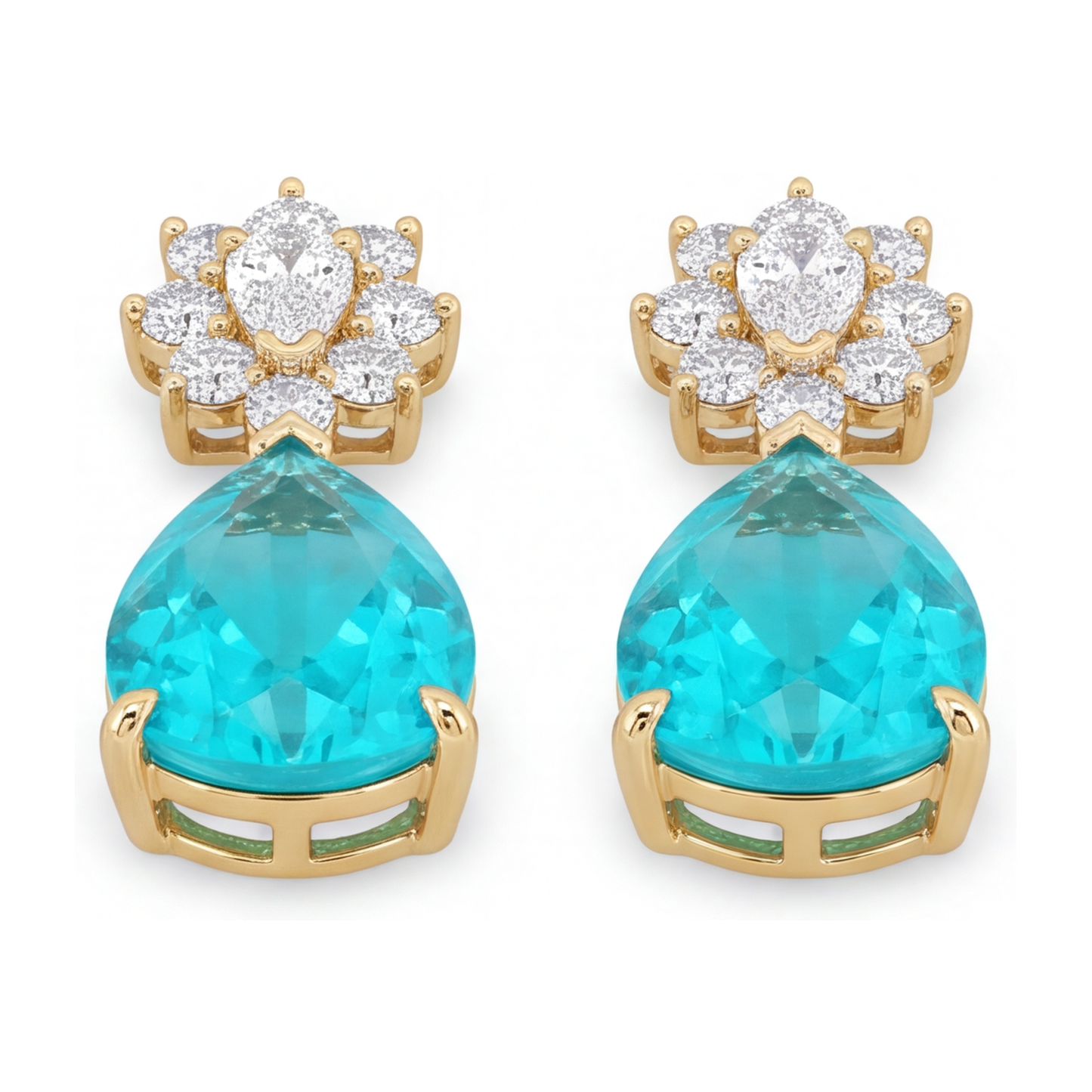 Paraiba Tourmaline Earrings 5 Carat Lab Grown Pear Cluster Leverback 14K Yellow Gold