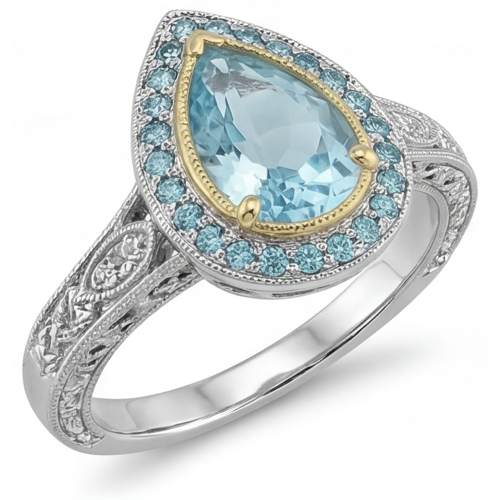 Paraiba Tourmaline Pear Shape Halo Engagement Ring in 14 Karat Two Tone Gold – side view