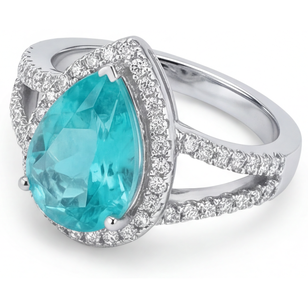 Paraiba Tourmaline Pear Cut Halo Engagement Ring in 14K White Gold – profile view