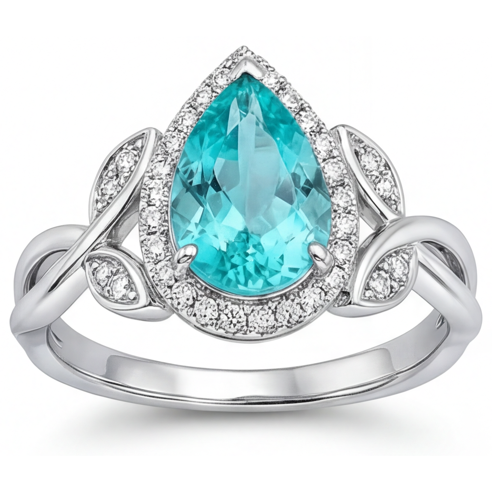 Authentic Paraiba Tourmaline Halo Engagement Ring 3.25 ct 14K White Gold – front view