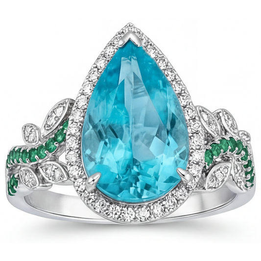 Real Paraiba Tourmaline Halo Engagement Ring 5.75 ct 14K White Gold – angle view