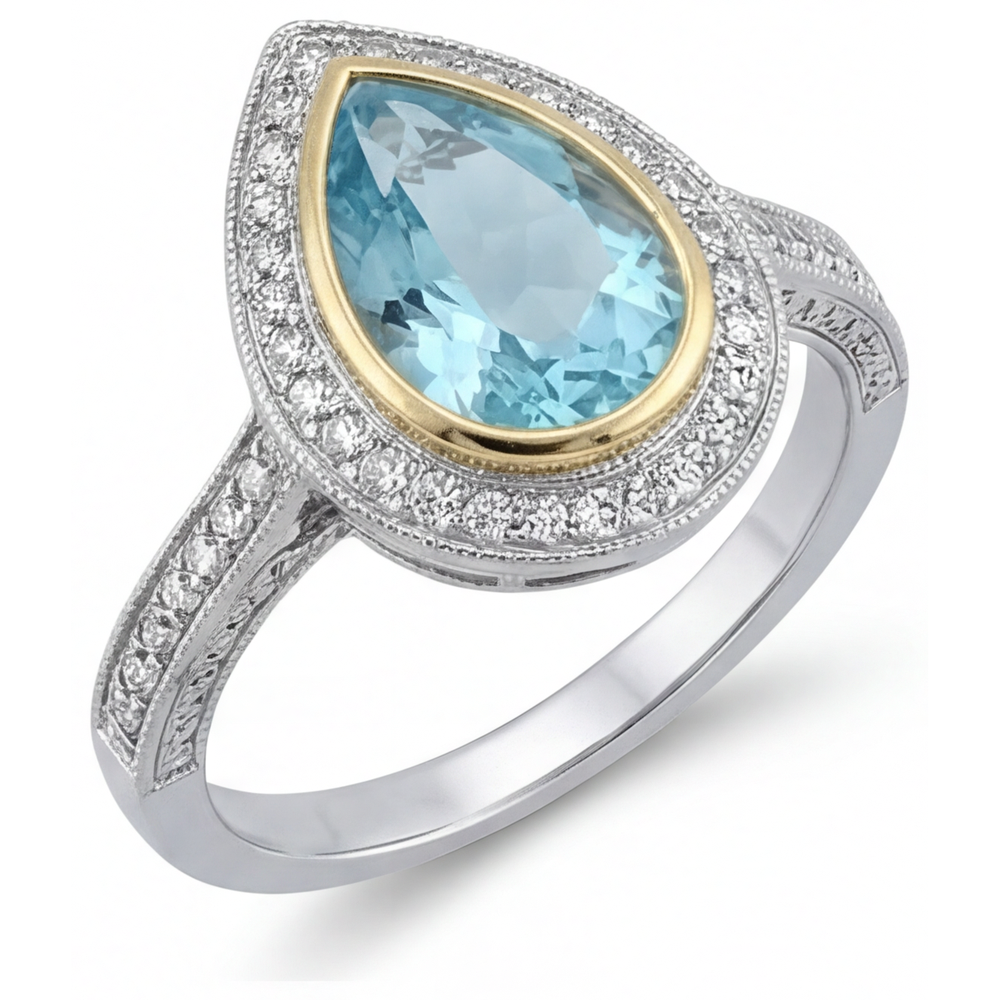 Earth-Mined Paraiba Tourmaline Halo Ring 1.75 ct 14 Karat Two Tone Gold – side view