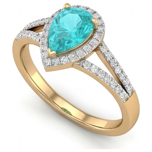 Pear Cut Paraiba Tourmaline ring in 14 Karat Two Tone Gold – profile view