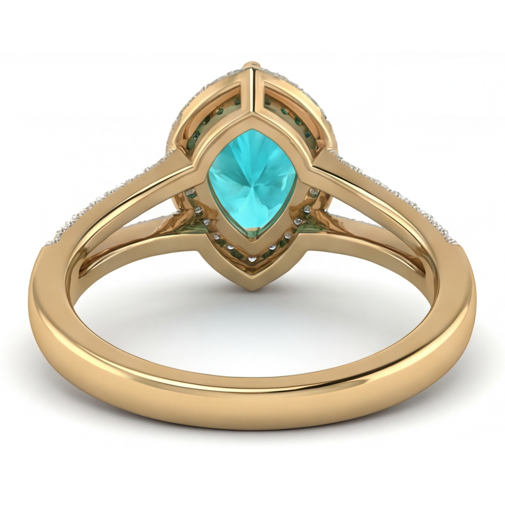Pear Cut Paraiba Tourmaline ring in 14 Karat Two Tone Gold – back view