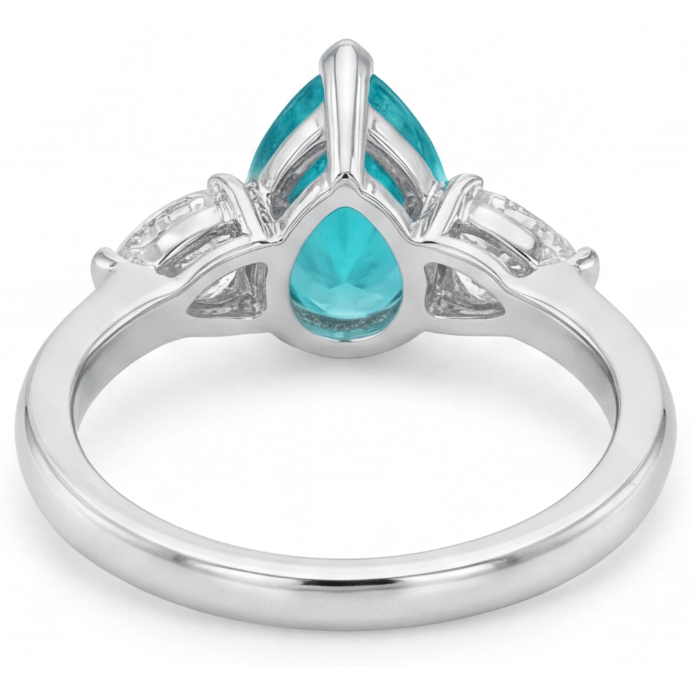 Paraiba Tourmaline Pear Cut Three Stone Ring in 14K White Gold – top view