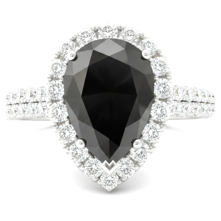 Black Diamond Ring 6 Carat Natural Pear Halo 14K White Gold